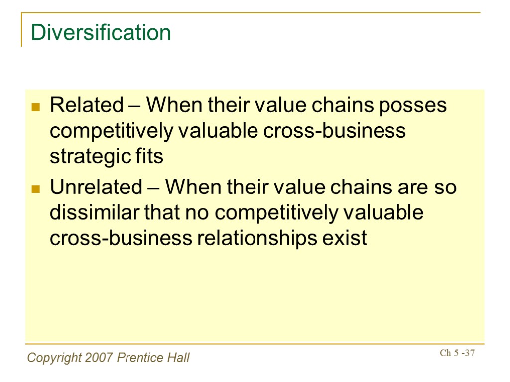 Copyright 2007 Prentice Hall Ch 5 -37 Diversification Related – When their value chains
